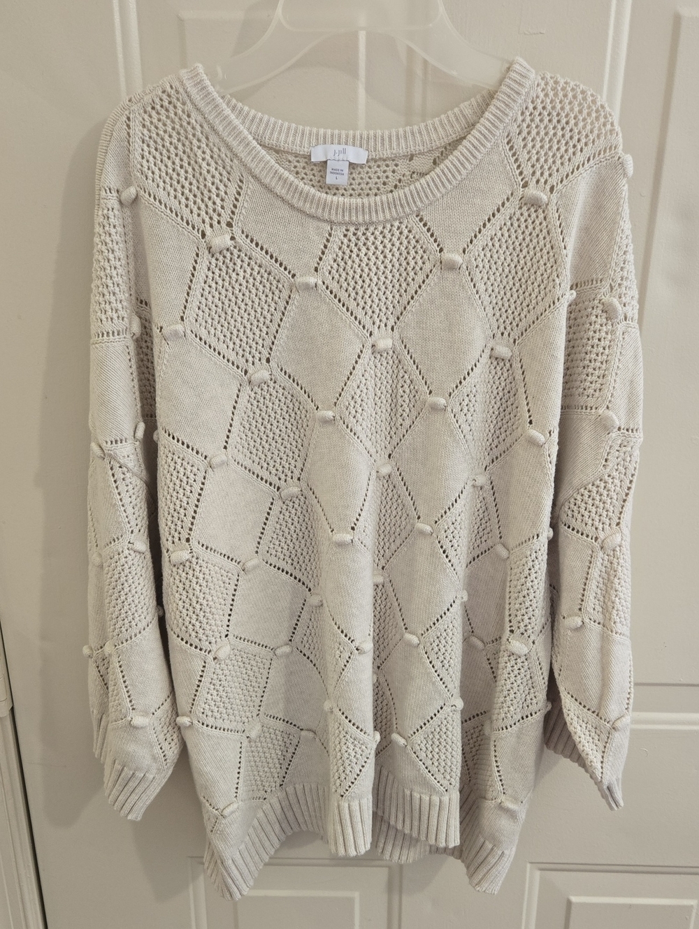 J. Jill Diamond Pattern Textured Sweater Bobble Knit Cream L 3/4 Sleeves Comfort